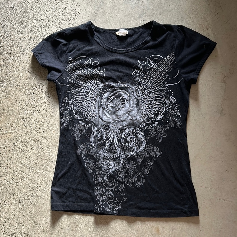 Ever Blue Black Vtg Tee With Silver Rose And Rhinestones Design
